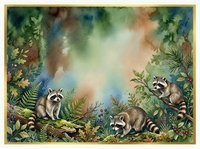 Watercolor forest frame with three raccoons among ferns and foliage, copy space center, gold border, nature wildlife art for cards and prints.