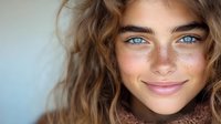 Close up portrait of young woman with bright blue eyes, freckles and wavy brown hair smiling naturally at camera against soft blurred background.