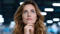Young Caucasian businesswoman with wavy blonde hair thinking thoughtfully in modern office environment with hand on chin looking up contemplatively.