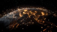 Night view of illuminated Earth showing connected network lines across Asian continent with glowing city lights and curved horizon in space atmosphere.
