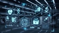 Futuristic medical technology interface with holographic healthcare icons, data visualization and digital health monitoring systems in modern hospital.