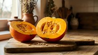 Fresh orange pumpkin cut in half showing seeds and flesh on rustic wooden cutting board in cozy kitchen setting for autumn cooking and seasonal recipes.