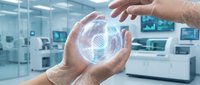 Scientist in laboratory holding glowing digital globe with DNA helix, representing biotechnology research, genetic engineering, and innovation in modern scientific discovery.