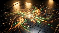 Abstract digital energy burst with glowing orange and green light trails radiating from central core on dark technological background for futuristic designs.