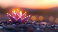 Glowing pink lotus flower with luminous outline resting on pebbles at sunset, magical bokeh lights in background creating dreamy atmosphere. Perfect for spiritual designs.