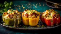Colorful bell peppers stuffed with savory meat and cheese filling, garnished with fresh herbs on dark plate against teal background.