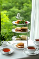 Elegant afternoon tea service with multi-tiered stand featuring fresh sandwiches, pastries and hot scones, served with steaming cups of tea against lush green garden view.