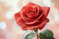 Red rose with water drops on petals against soft bokeh background, romantic floral composition for Valentine's Day cards, wedding invitations and love themes.