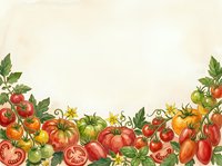 Colorful tomato border arrangement with ripe red, orange, and green varieties, sliced sections, and foliage on cream background. Suitable for recipe cards, menus, and culinary designs.