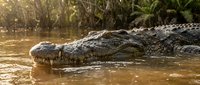 Large crocodile resting in muddy water with mouth slightly open showing teeth in natural wetland habitat during golden hour lighting.