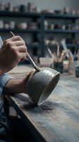 Potter hands shaping clay bowl on wheel in ceramic studio workshop with tools and shelves background for artisan craft projects.