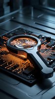 Magnifying glass examining glowing orange circuit board with intricate electronic pathways and components for technology analysis and cybersecurity research.