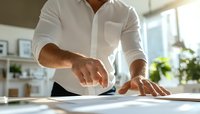 Caucasian businessman in white shirt reviewing documents at modern office desk with natural lighting, cropped view focusing on hands and paperwork.