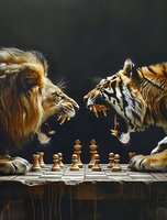 Lion and tiger face off across chess board, dramatic lighting highlights fierce expressions and bared teeth against dark background, paws rest near game pieces.