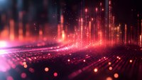Digital data stream with glowing particles and light beams creating futuristic cyber landscape for technology presentations and modern design projects.