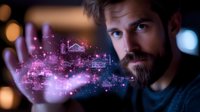 Caucasian bearded man interacting with glowing purple holographic business analytics data visualization, financial charts floating above palm in dark setting.