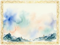 Watercolor landscape with misty mountains, serene lake, and forest silhouettes in soft blue, green, and peachy tones. Isolated on cream background with ornate gold border frame, ready for design projects.