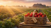 Fresh ripe strawberries in rustic wooden basket on farm table during golden hour sunset with agricultural fields and barn in background.