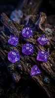Purple polyhedral dice set arranged on weathered wood bark with moss, ideal for tabletop gaming, role-playing campaigns, and fantasy entertainment content.