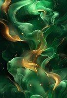 Flowing emerald green and gold abstract waves create dynamic movement with glowing particles against dark background, suitable for luxury design projects.