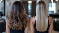 Comparison of brunette balayage and platinum blonde straight hairstyles shown from behind on two women in salon setting, demonstrating different hair coloring techniques.