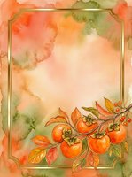 Watercolor autumn frame with ripe tomatoes on vine, golden ornamental border, and soft blended background in warm orange and green tones. Perfect for fall designs.