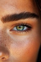 Close-up of green eye with long eyelashes and defined eyebrow on freckled skin, showing natural beauty and facial features in warm lighting.