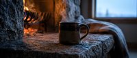 Steaming ceramic mug on a rustic stone hearth beside a glowing fireplace, cozy winter atmosphere with soft blue light from a frosty window.
