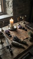 Mystical altar setup with burning candle, brass chalices, amethyst crystals, sage bundles and pentagram on rustic wooden table in stone chamber for ritual ceremonies.