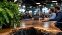 Business team meeting at rustic live edge wooden conference table with decorative fern plant, modern office interior with blurred people background.