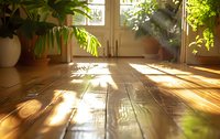 Sunlight streaming through glass doors creates dramatic shadows on wooden floor, with green houseplants in white pots adding natural elements to bright interior space.