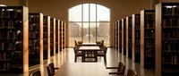 Modern university library interior with wooden bookshelves, study tables and chairs, large arched window providing natural light for academic research.