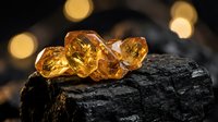 Amber gemstones on charcoal with warm bokeh lights creating luxurious jewelry display for precious stone collection and mineral specimen photography.