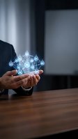 Businessman holding glowing water droplets in hands, symbolizing conservation, sustainability, and environmental responsibility for corporate solutions.