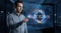 Professional businessman interacting with futuristic blockchain hologram display in modern data center environment for cryptocurrency and fintech presentations.