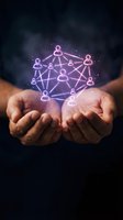 Hands holding glowing purple social network connections with people icons linked together representing teamwork and digital communication concepts.
