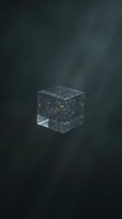 Transparent glass cube filled with floating golden particles and sparkles against dark background, isolated for design use.