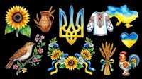 Ukrainian clipart set with sunflower, trident, embroidered shirt, map, rooster, bird, wheat, and floral wreath, isolated on transparent background, ready for stickers and print on demand.