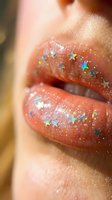 Close-up of full lips with coral-orange gloss and multicolored star-shaped glitter particles. Suitable for beauty, cosmetics, makeup tutorials, and festive content.
