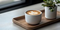 Minimalist coffee scene with latte art in white ceramic cup on wooden tray, green plant in background creates modern cafe atmosphere.