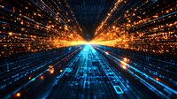 Digital tunnel with glowing orange and blue binary code streams creating perspective light trails in dark cyberspace, representing data flow and technology advancement.