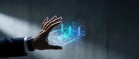 Businessman hand presenting holographic digital technology interface with glowing data visualization and futuristic network connections for innovation.