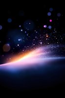 Cosmic horizon with glowing particles and bokeh effects against dark space background, featuring purple and orange light streams rising from curved surface.