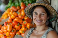 Smiling Hispanic woman farmer in straw hat near fresh orange bell peppers at local market. Natural lighting highlights authentic farm-to-table produce display.