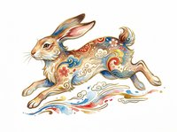 Decorative rabbit with ornate patterns and flowing watercolor elements isolated on transparent background, ready for t-shirt design, stickers, sublimation, and print-on-demand projects.