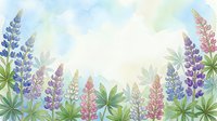 Watercolor lupine flowers frame with colorful spikes in blue, purple and pink tones creating botanical border on light background for spring designs.