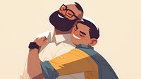 Heartwarming illustration of father and son embracing, showing tender family moment. African American dad in glasses hugs young boy wearing yellow and blue casual clothes. Emotional parenting scene.