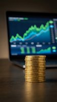 Stack of golden coins in focus with blurred stock market trading chart displaying green upward trends on laptop screen behind, representing financial growth, investment returns, and wealth accumulation.