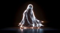 Glowing ethereal ghost figure with flowing fabric-like texture emerging from dark background, illuminated by mysterious light creating dramatic supernatural atmosphere.
