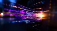 Digital code streaming through dark space with vibrant purple and orange light effects, abstract technology background for cybersecurity and programming concepts.